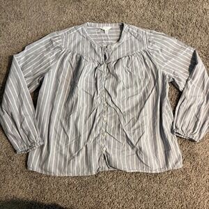 Time and Tru Womens XL 16-18 Blue Striped Peasant Blouse Button Front Cotton Top
